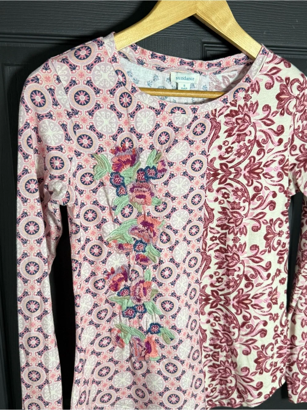 Sundance Long Sleeve Floral Patchwork Tee in Pink, Burgundy, Green